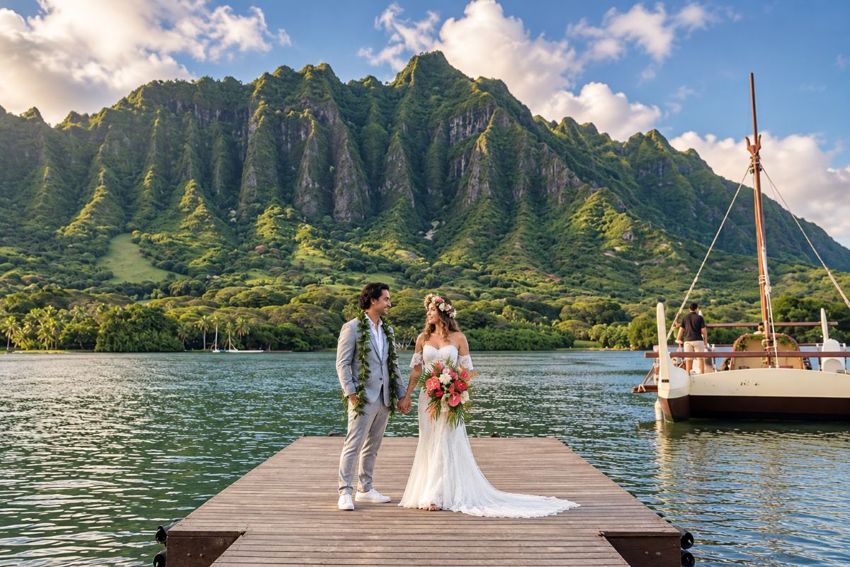 Romantikus lagúnai esküvő Hawaii hegyei között